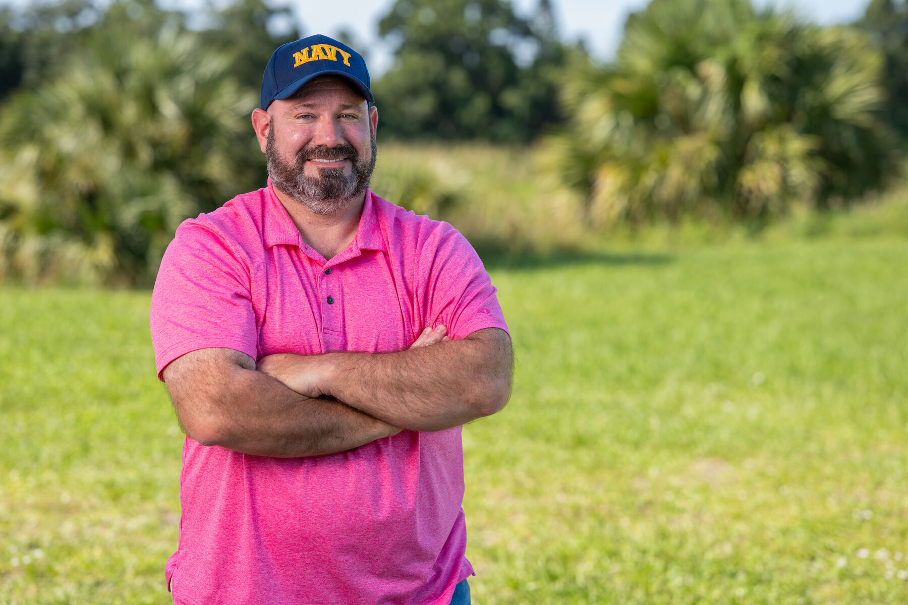 Brian Nathan wearing a U.S. Navy cap